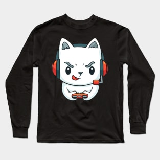 Cute Funny Cat Playing Video Games - Cat Lover Long Sleeve T-Shirt